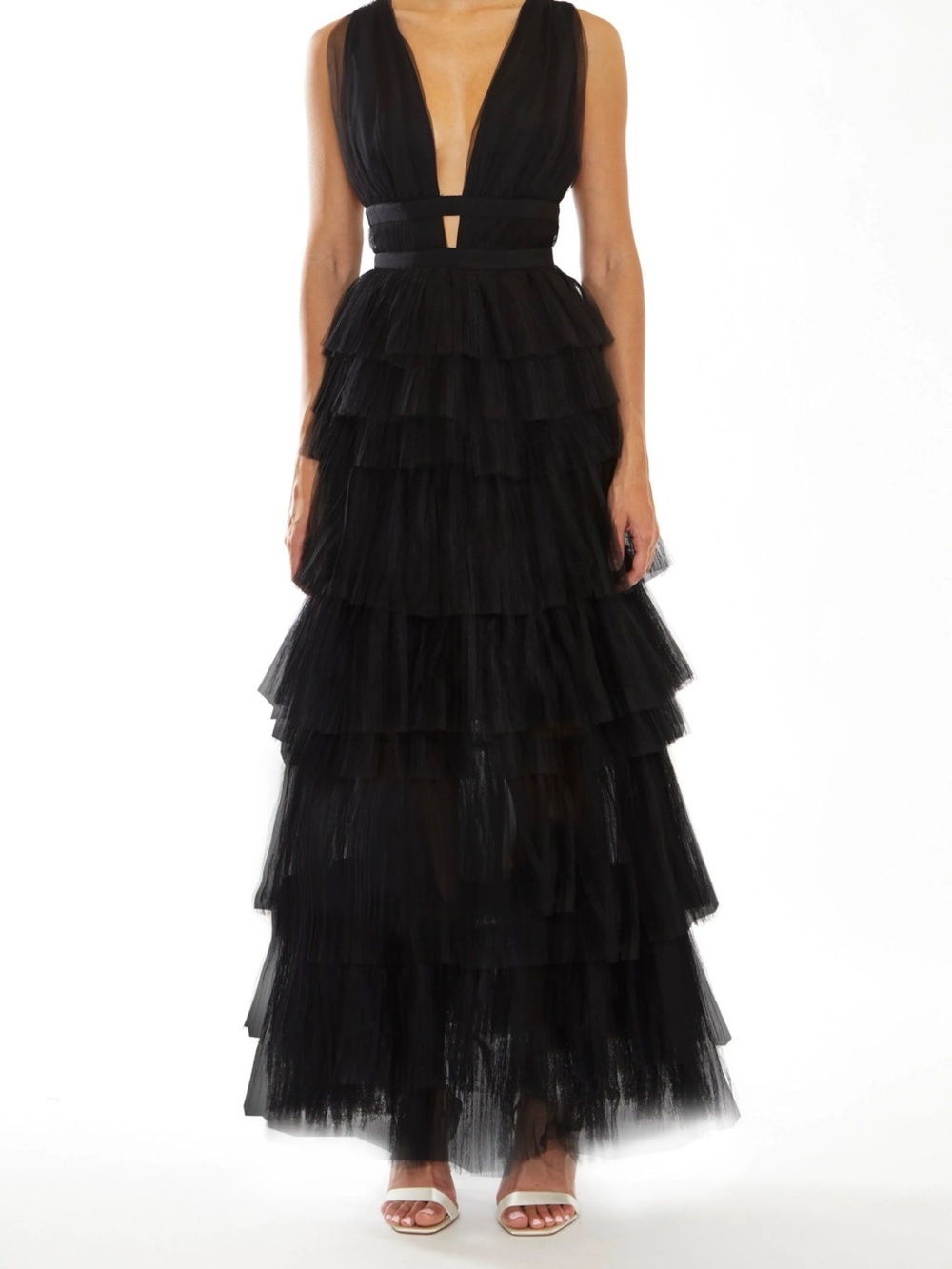 Women's Black Tiered Tulle Maxi Dress with Deep V-Neck - Picture 3 of 5